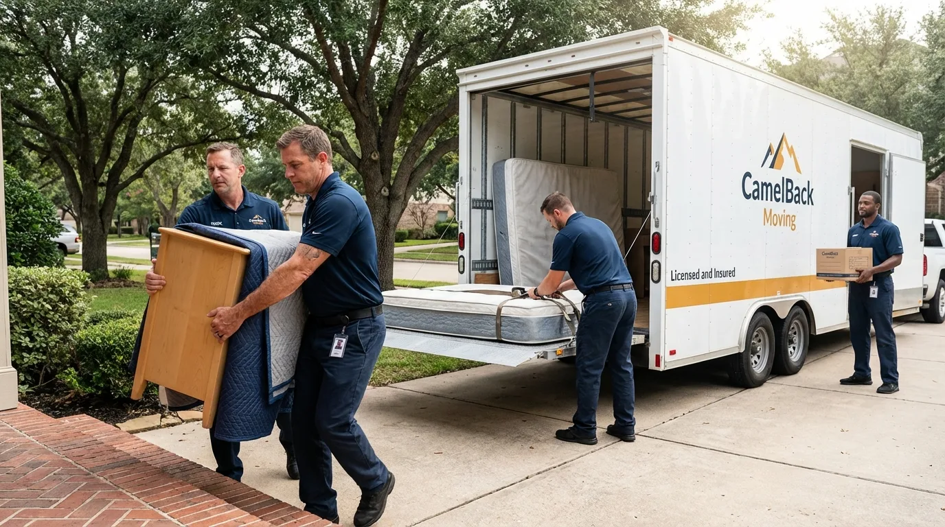 Crew loading residential truck for cross-state move from Braham, MN