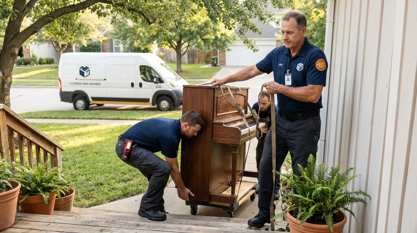 Licensed piano movers securing grand piano in Braham, MN
