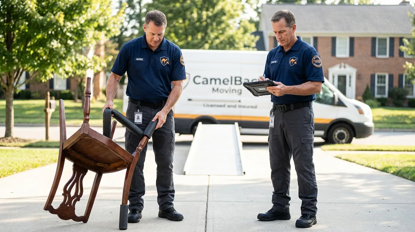 Movers inspecting furniture for damage prevention before loading in Braham, MN